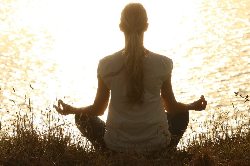 meditate, woman, yoga, zen, nature, meditating, relax, relaxing, wellness, yoga pose, meditation, peaceful, silhouette, sunset, tranquil, calm